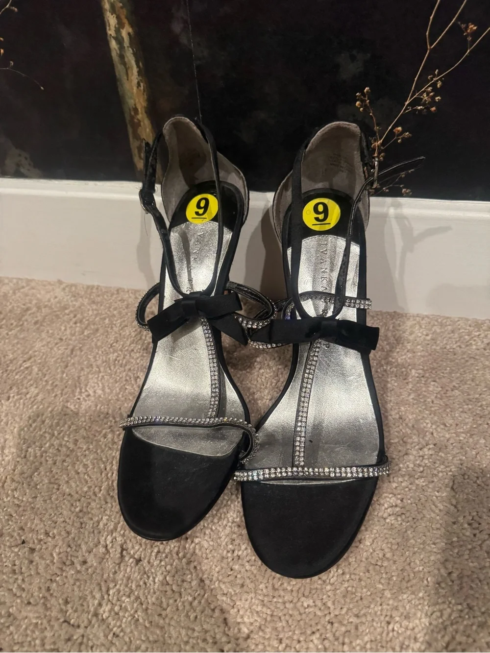 Ivanka Trump Black Rhinestone Bow T-Strap Stiletto Sandals